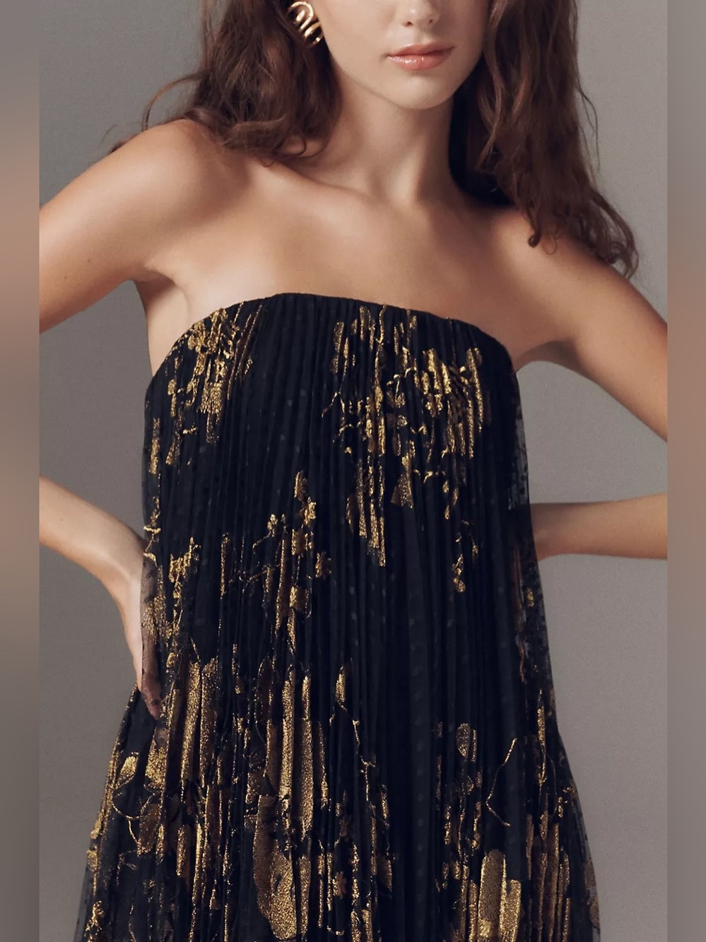 Helsi Delphine Strapless Pleated Sheer Lace Maxi Dressyy black/Gold Size S NWT - Picture 4 of 9